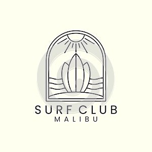 surf club with badge and line art style logo icon template design. malibu beach,sun, sea, vector illustration