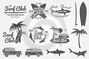 Surf club emblem, retro badge and design elements. Vector illustration.