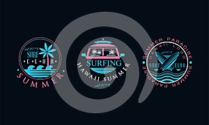 Surf Club Logo Design Set, Hawaii Summer Retro Labels, Badges Vector Illustration