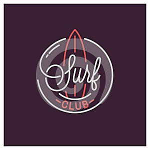 Surf club logo. Round linear logo of surfboard