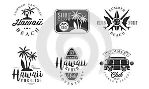 Surf Club Retro Logo Templates Set, Hawaii Beach Summer Paradise Badges Vector Illustration