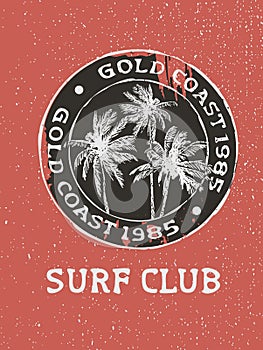 Surf club surfer stamp with hand drawn palm trees