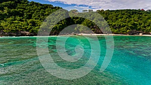 Surf coast on green bowl beach. Aerial view.