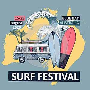 Surf festival poster with retro bus, surfboards and sea waves.