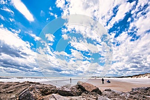 Surf fishing on the beach at Pawleys Island, South Carolina, USA.