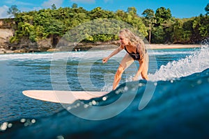 Surf girl on surfboard. Woman during surfing. Surfer and wave