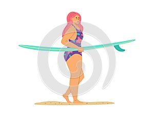 Surf girl in swimsuit hold surfboard and walk on beach a vector illustration.