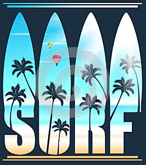 Surf Lettering Vector Illustration with Palm Trees at the Beach