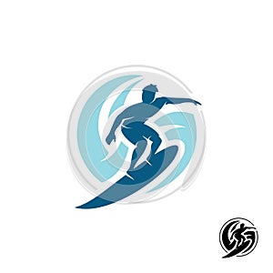 Surf logo with man silhouette, board and sea waves. photo