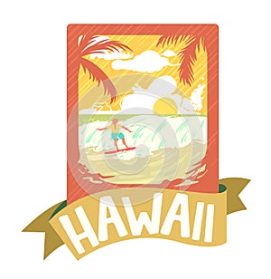 Surf man T-shirt print Surfing emblem, Hawaii vector illustration.