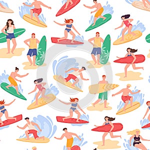 Surf pattern. Hawaii girls and boys swim in tropical beach clothers and bikini, summer people with retro wave board, man photo