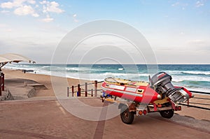 Surf rescue boat on the promenade near the beach at Umhlanga Rocks