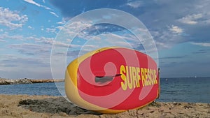 Surf rescue surfboard on beach