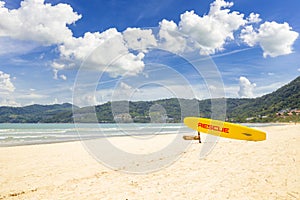 The Surf Rescue surfboard on , beach, Phoket Southern of thailand