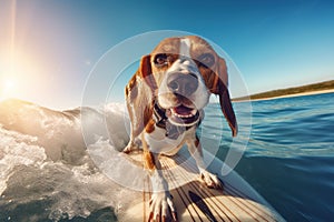 Surf\'s Up, Beagle Style: Sunglassed Pooch Rides the Waves of Happiness - Generative AI