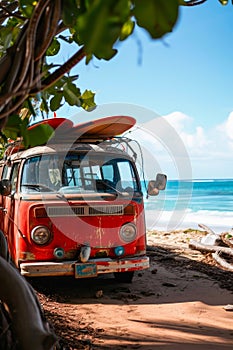 Surf\'s Up: Red Van Lounging by the Shore.