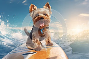 Surf\'s Up, Yorkie Style: Sunglassed Pooch Enjoys Beachside Surfing Fun - Generative AI