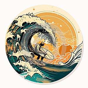 Surf scene with pipeline wave and rider. People water sport lessons and beach swimming activity on summer vacation. vector