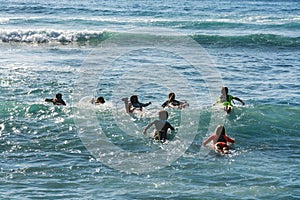 Surf school - several surfboarding students headed into an ocean