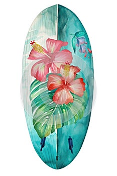 Surf Serenity: An Artistic Masterpiece of Flower-Adorned Surfboard. Generative AI.