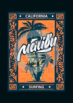 Surf sport Malibu poster with lettering and typography. T-shirt design graphics, vectors