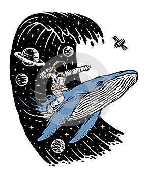 Surf in the universe with whales illustration