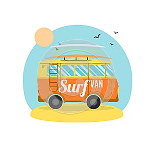 Surf Van on the Beach. Flat Design. Vector