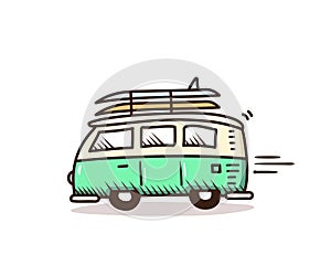 Surf van driving to the beach with surfboards on. Vector summer holidays doodle illustration. Hand drawn icon