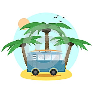 Surf Van and palm. Flat Design. Vector