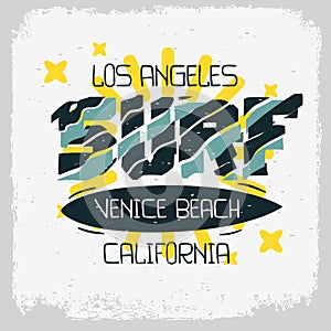 Surf Venice Beach Los Angeles California Design Hand Drawn Lettering Type Typographic Treatment for t shirt or stick