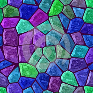 Surface floor marble mosaic seamless background with dark purple grout - blue, green and violet color