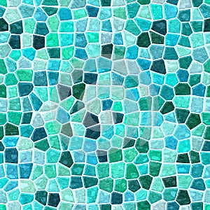 Surface floor marble mosaic seamless background with .white grout - blue, green, cyan and turquoise color