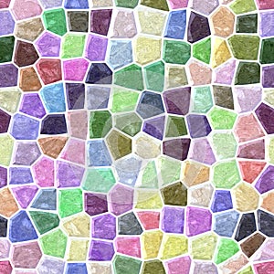 Surface floor marble mosaic seamless square background with white grout - light pastel full color spectrum - pink, violet