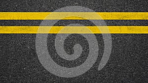 Surface grunge rough of asphalt, Dark grey with double yellow line on the road and small rock