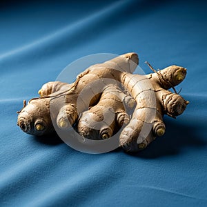 Surface and knobby protrusions rests on a smooth, blue fabric