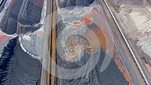 The surface mine, mining of brown coal,diferent colours. View from above.