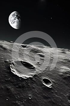 surface of moon in black open space, cosmic satellite landscape with craters