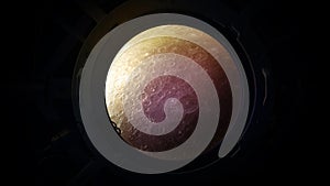 The surface of the moon illuminated by sun from the porthole of the ship. 3D render