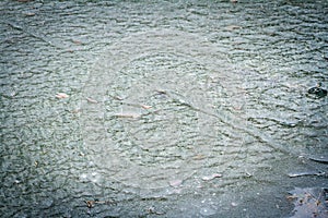 Surface of pond covered with melting ice