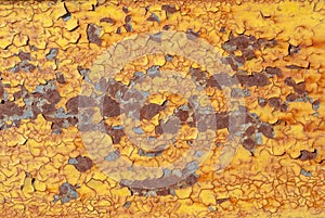 Surface of rusty iron with remnants of old paint, yellow texture, background