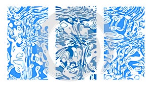 Surface of sea water, set of artistic abstract backgrounds. Vertical blue abyss, wavy water surface, illusion, curvature. Liquid p