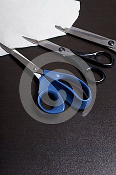 On the surface of the table are three pairs of scissors and a patch of excised tissue.