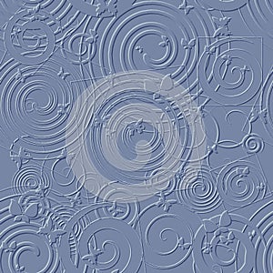 Surface textured emboss spirals 3d seamless pattern. Geometric embossed spirals background with butterflies. Relief repeat blue