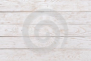 Surface of textured wood planks painted with white paint. Empty background of horizontal white wood boards. Rustic tabletop photo