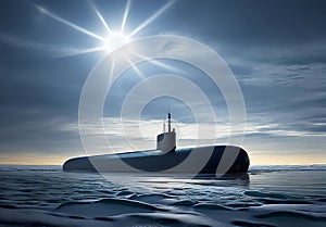 Surfaced submarine in icy artic water in sharp sunlight, created with Generative AI technology photo