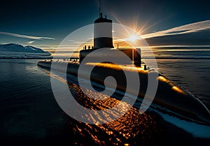 Surfaced submarine in icy artic water at sunset, created with Generative AI technology photo