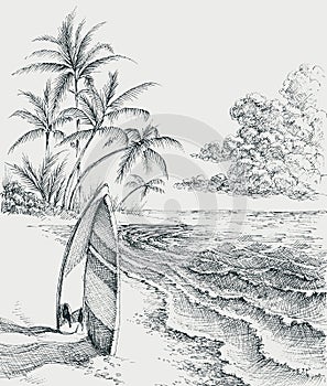 Surfboard on the beach, sea and palm trees