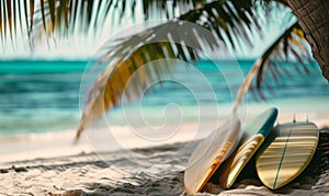 Surfboard and coconut tree on the beach with turquoise sea background.