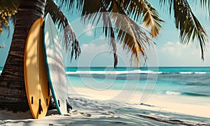 Surfboard and coconut tree on the beach with turquoise sea background.