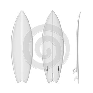 Surfboard empty realistic mockups set. Front, back, side view. Surfing narrow plank templates.